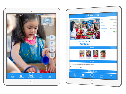 Two tablets showing early years observations being captured on Evidence Me by 2Simple Ltd